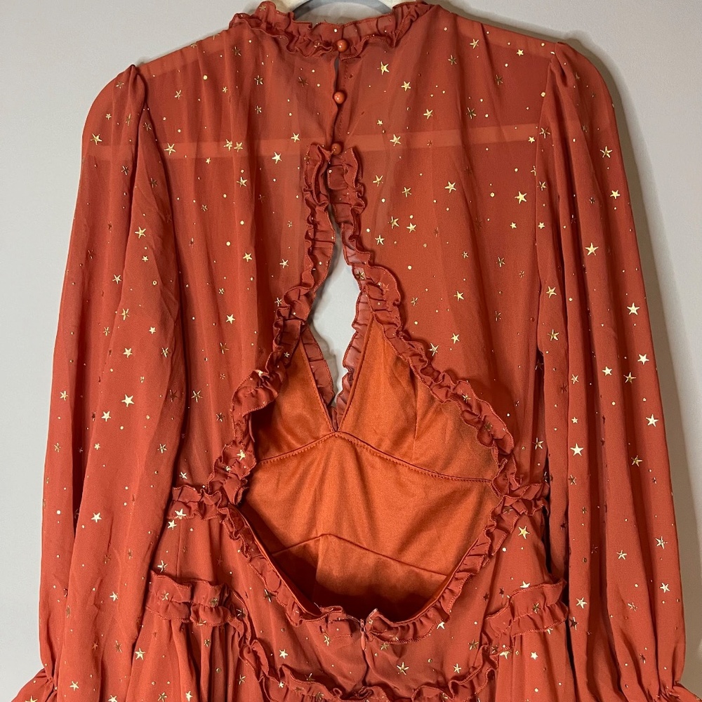 Burnt Orange & Gold Star Print Layered Open Back Dress Whimsical Celestial - Picture 5 of 7